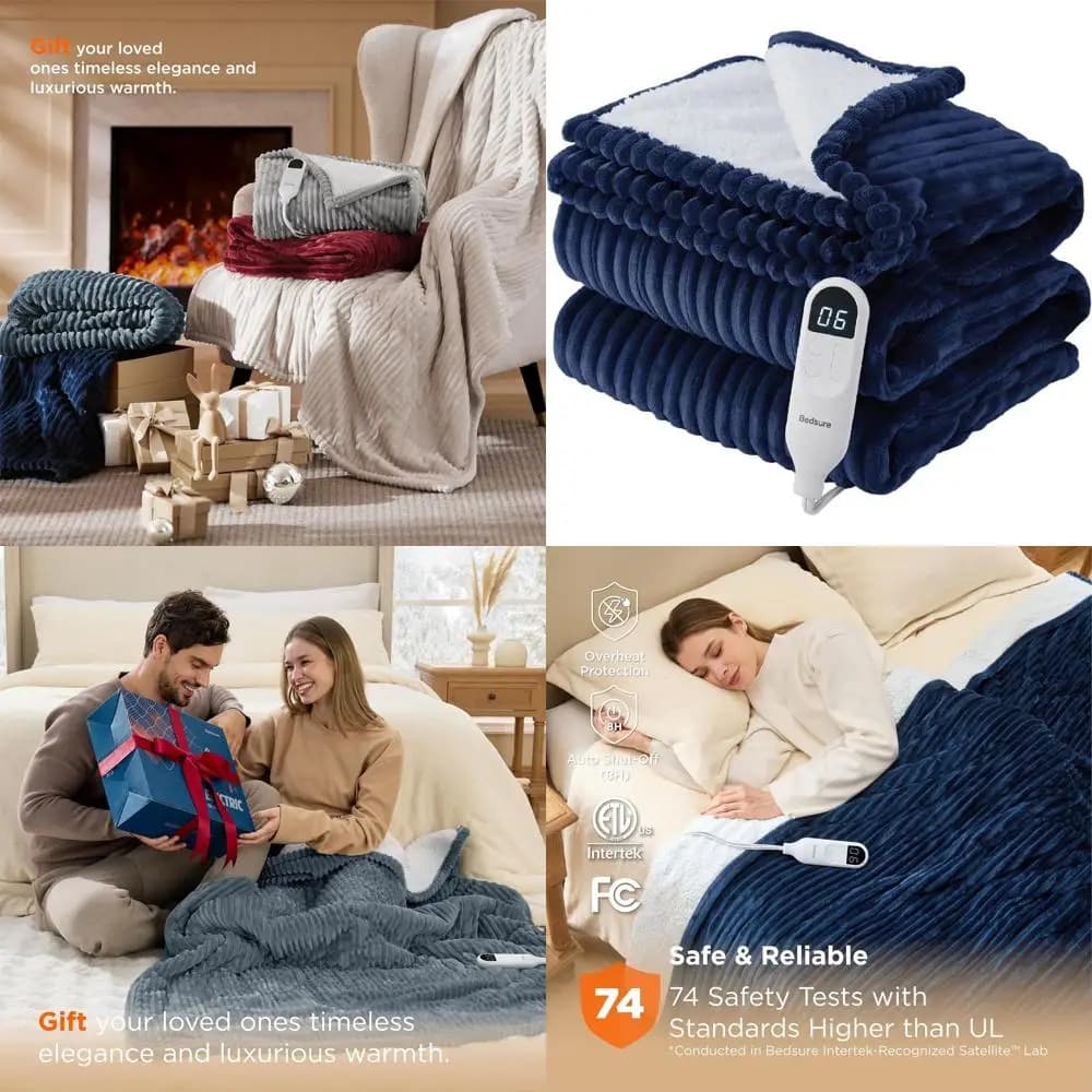 Coperta Elettrica Full Size con 6 Livelli di Calore, 10 Opzioni Timer, Spegnimento Automatico 8 Ore, Regalo Ideale per Nonna (72x84, Blu Navy)