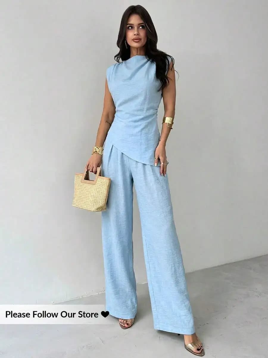 Set di camicetta in lino senza maniche con vita arricciata asimmetrica e pantaloni a gamba larga, outfit casual estivo da ufficio per donna