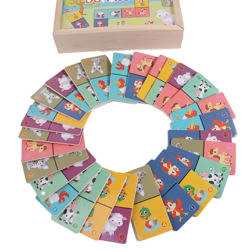 Set di Domino in Legno per l'Apprendimento e il Gioco, Blocchi Educativi, Puzzle di Animali in Legno, Gioco Prescolare per Bambini