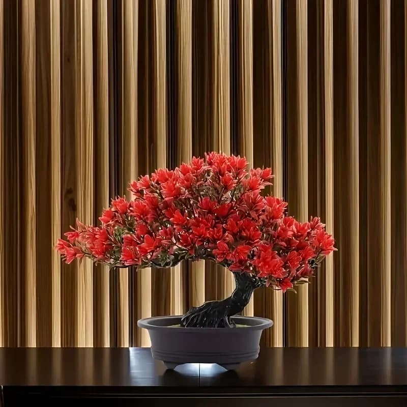 High-Quality Artificial Red Half-Moon Rose Grass Bonsai Mini Evergreen Plant with Pot for Home Office Table Decor
