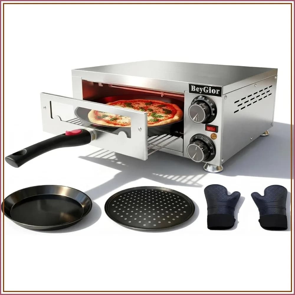 Electric Pizza Oven Indoor, 12 Inch Countertop Pizza Maker with Viewing Window, Stainless Steel, Dual Baking Trays, Removable Handle, Oven Mitts