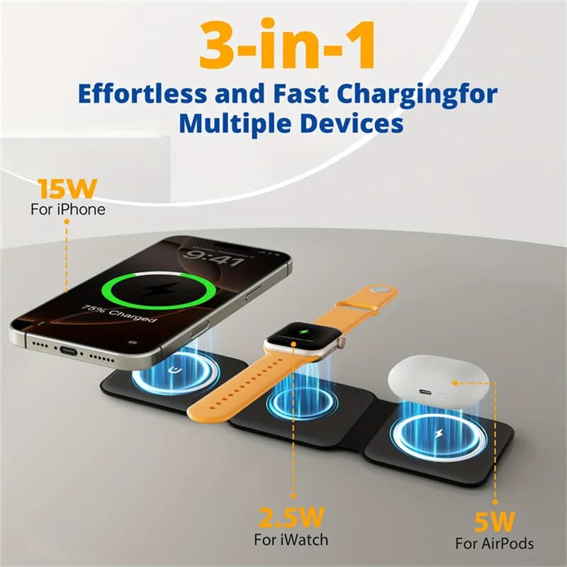 Wireless Magnetic Charger 3 in 1 Original 2026, Foldable Support for iPhone, Watch and AirPods, Simultaneous and Fast Charging