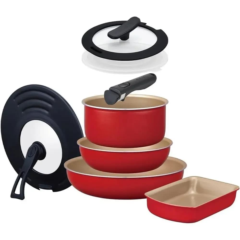 8-Piece Frying Pan Set, Induction & Gas Stove Compatible, Removable, Red