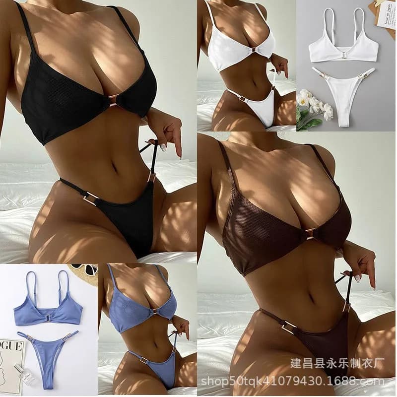 Sexy Outfit Bikini Strappy Bralette Black Bikinis High Cut Bottom White Swimwear Polyester Blend Sleeveless Two Piece Swimsuit