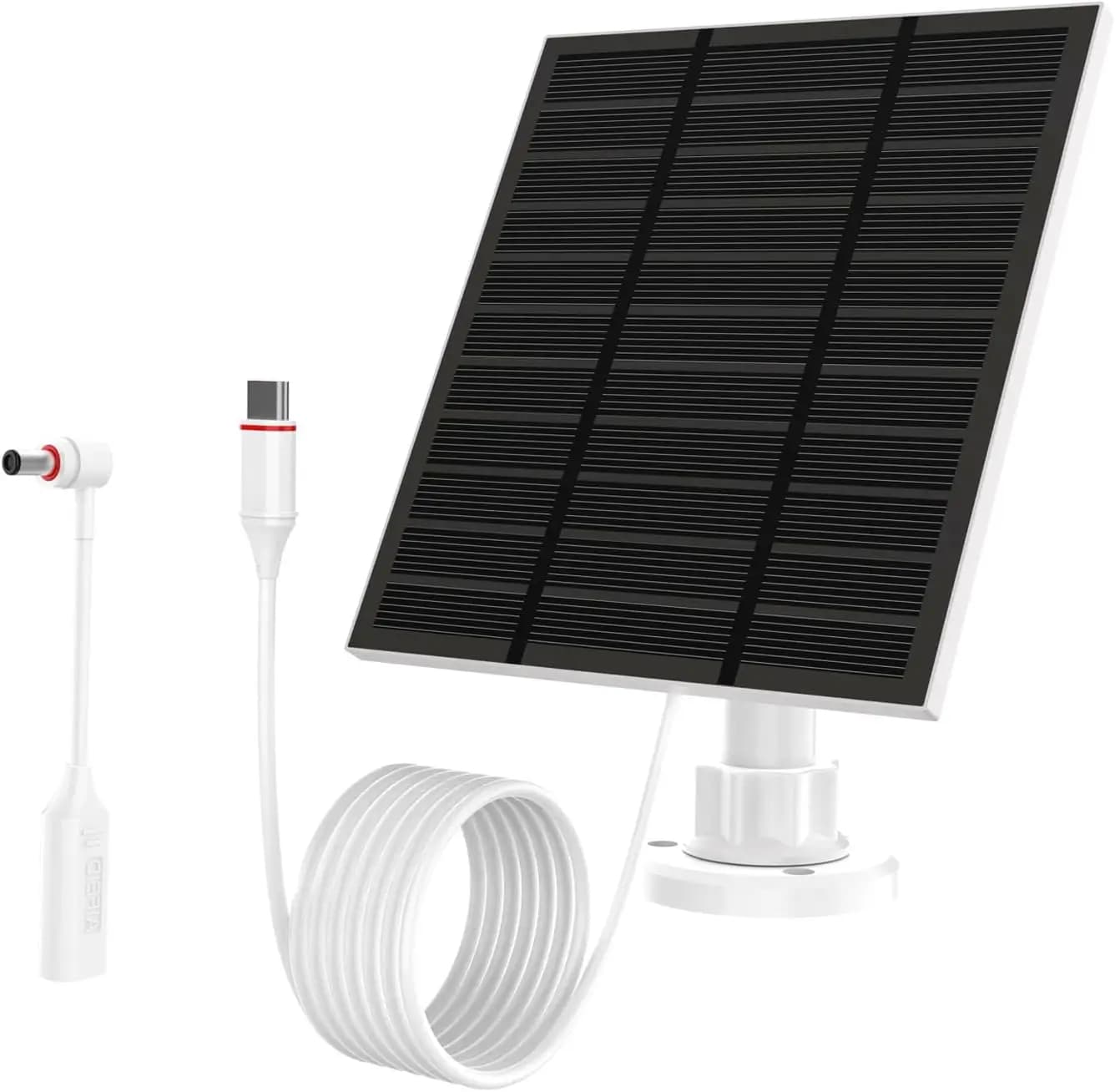 5W 5V Solar Charger with USB-C and External Camera Plug, IP65 Waterproof, 360° Adjustable 2M Cable (Bianco)