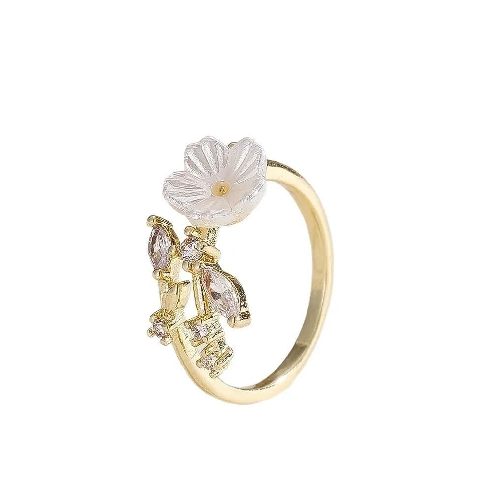 Elegante Anello Regolabile con Fiore e Cristalli, Anello di Lusso con Zirconi, Design a Foglia, Gioiello da Dito per Feste