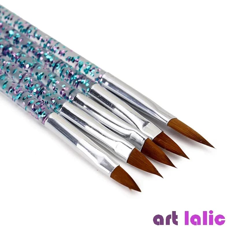 5Pcs Nail Art Brush Set with Crystal Handle for Acrylic UV Gel Glitter Drawing Painting Carving Flower Design Pens Tool Kit