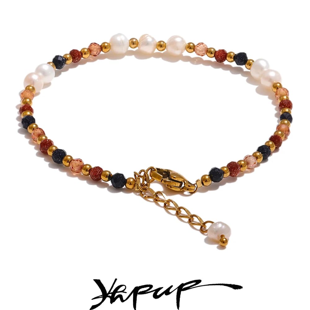 Yhpup Pietra naturale Perla d'acqua dolce Catena di perline Bracciale bling Bracciale in acciaio inossidabile Gioielli impermeabili fatti a mano da donna