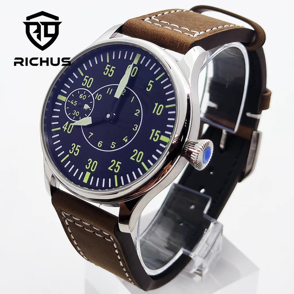 44mm Men‘s Watch Leather Watch Strap Green Luminous ST3600 6497 Movement Sport Wristwatches