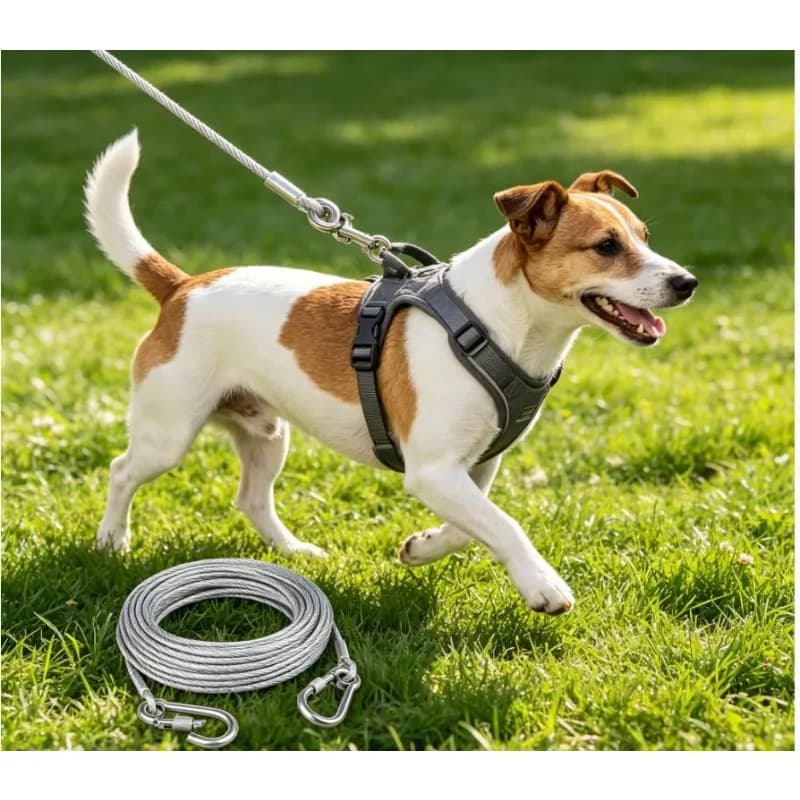 Guinzaglio a doppia testa per cani con fibbia in metallo, cavo in acciaio antiruggine, collare da addestramento per esterni, corda di trazione resistente.