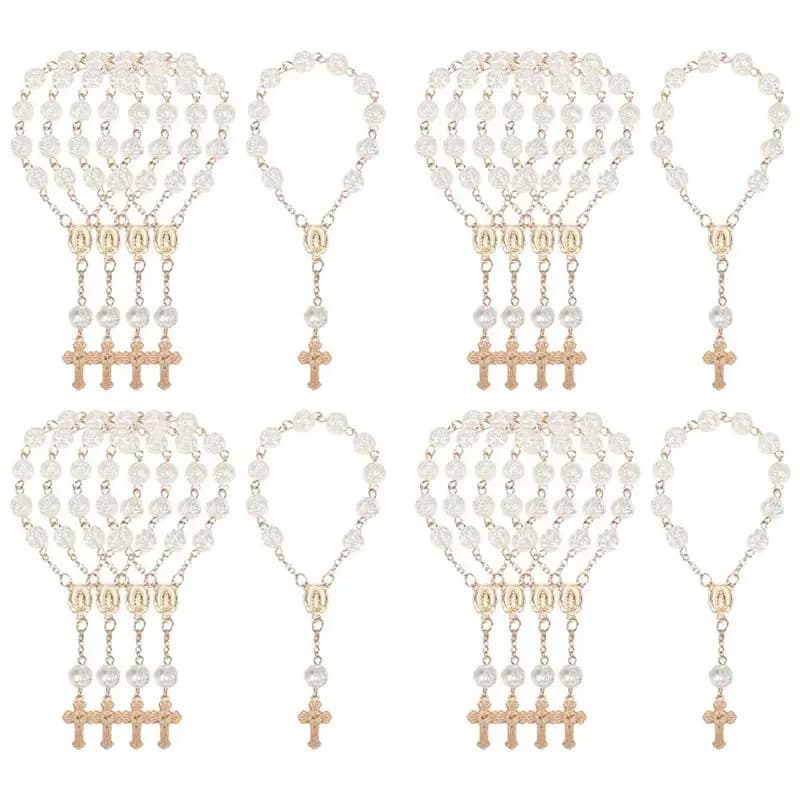 20Pcs Baptism Favors With Cross Mini Rosaries Acrylic Beads Bracelet Christening Communion Finger Rosarie Bracelet Highly Recomm