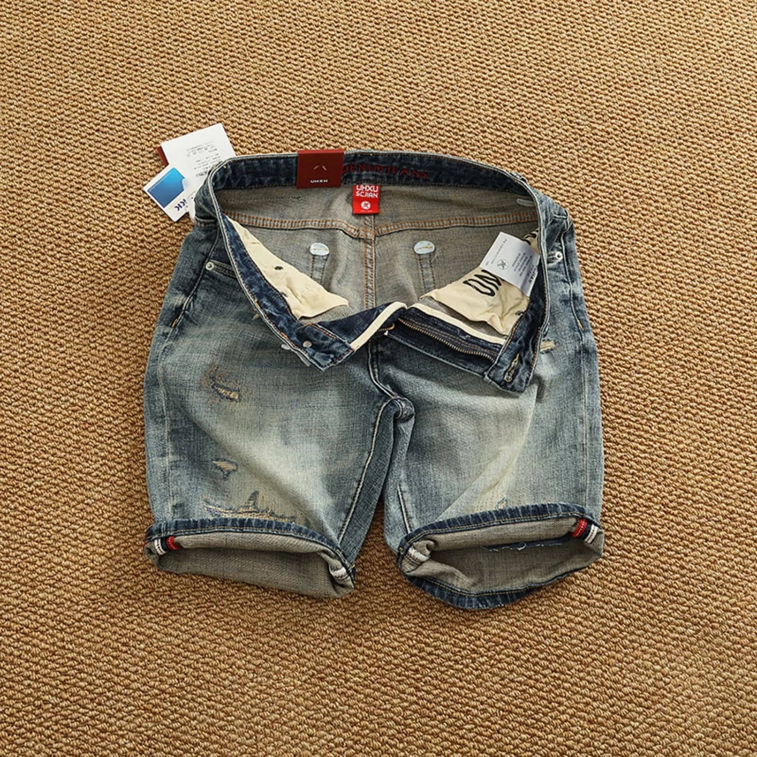 Pantaloni in denim lavato nostalgia estiva nuovi pantaloncini a gamba dritta di marca casual in denim elastico di cotone da uomo