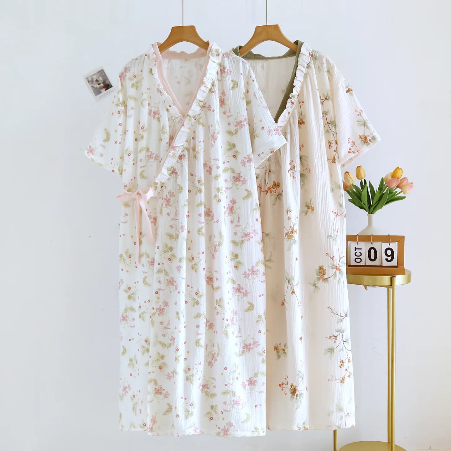 Kimono Robes Pure Cotton Floral Bathrobes V Neck Summer Double-layer Thin Home Clothing Short Sleeve Pyjamas Robes Sleepwear