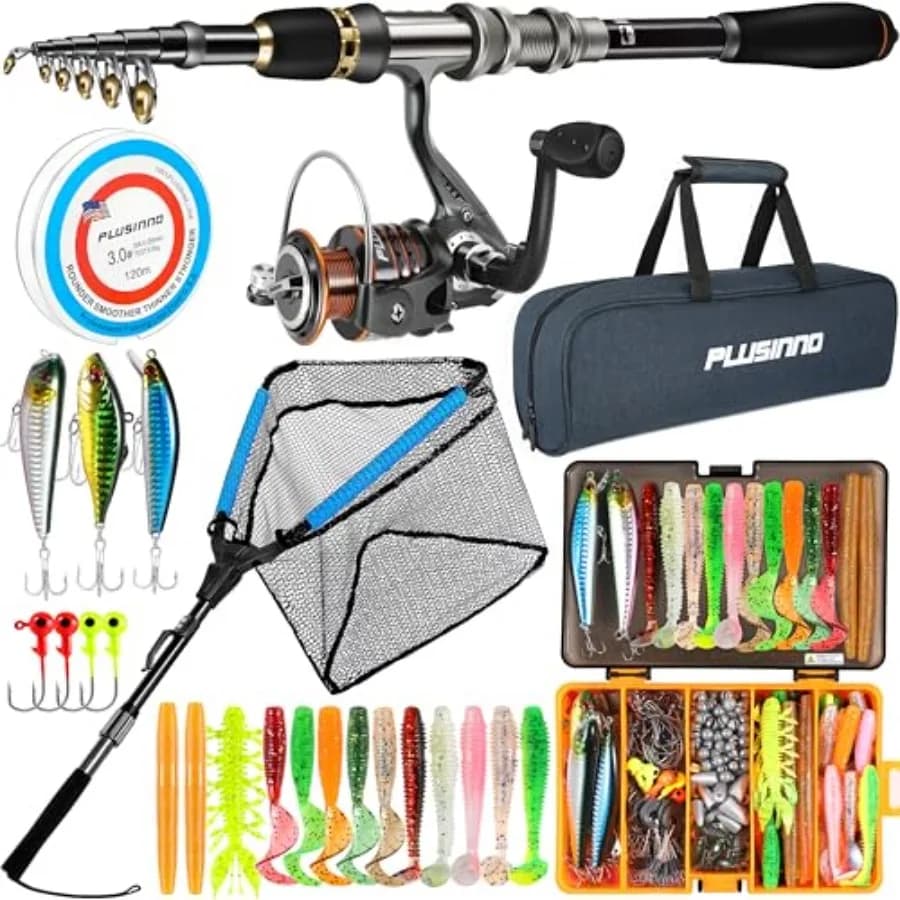 Attrezzatura da Pesca, Canna da Pesca con 137 Esche, Rete da Pesca, Kit Iniziale per la Pesca con Combo Canna e Mulinello, Scatola Porta Attrezzi, Rete Galleggiante