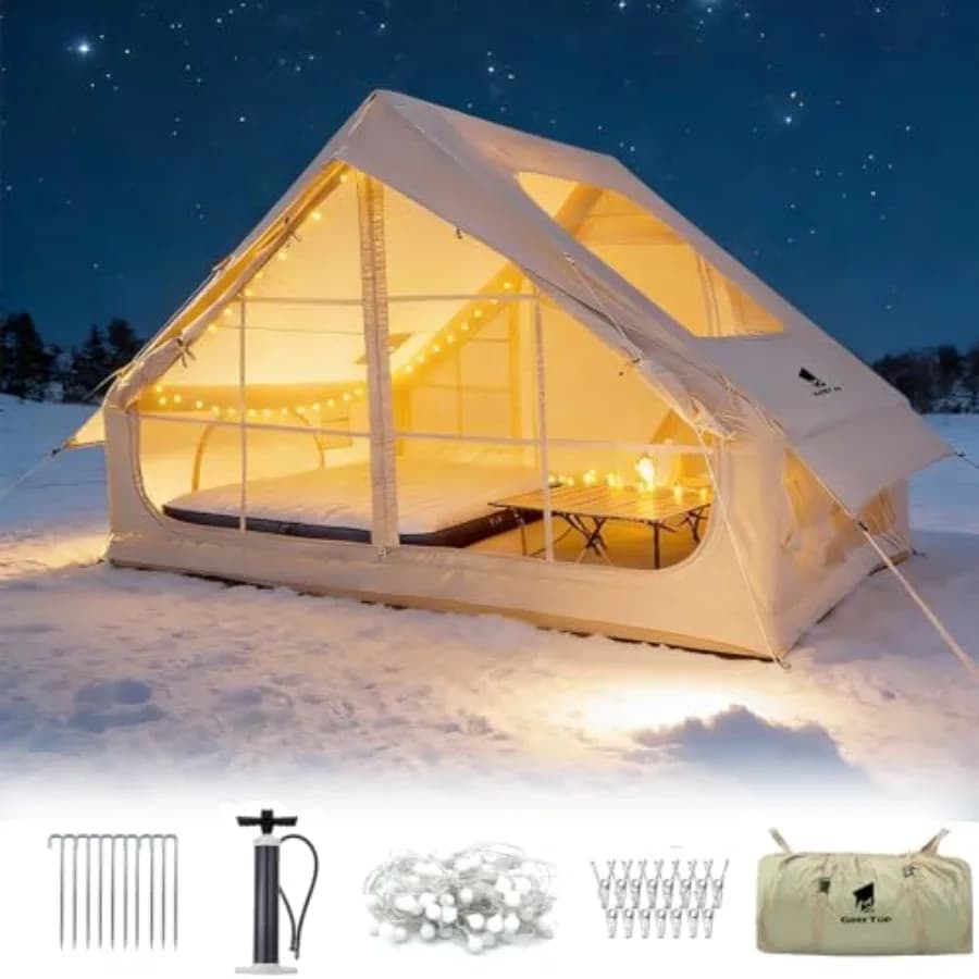 Grande tenda da campeggio gonfiabile con foro per stufa, tenda glamping impermeabile istantanea con finestra sul tetto per famiglie da 4 persone