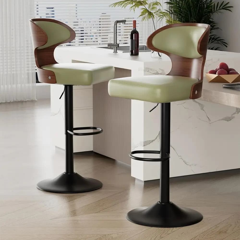 Set di 2 sgabelli da bar girevoli con altezza regolabile, rivestimento in pelle, design in legno curvato, schienale e poggiapiedi, verde