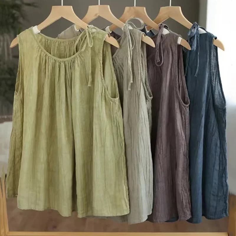 Moda Solido Sottile Cotone Lino Carro Armato Top Donna Camis Blusas Allentato Casual Estate Camicia Senza Maniche Donna Vestiti Camiseta Mujer