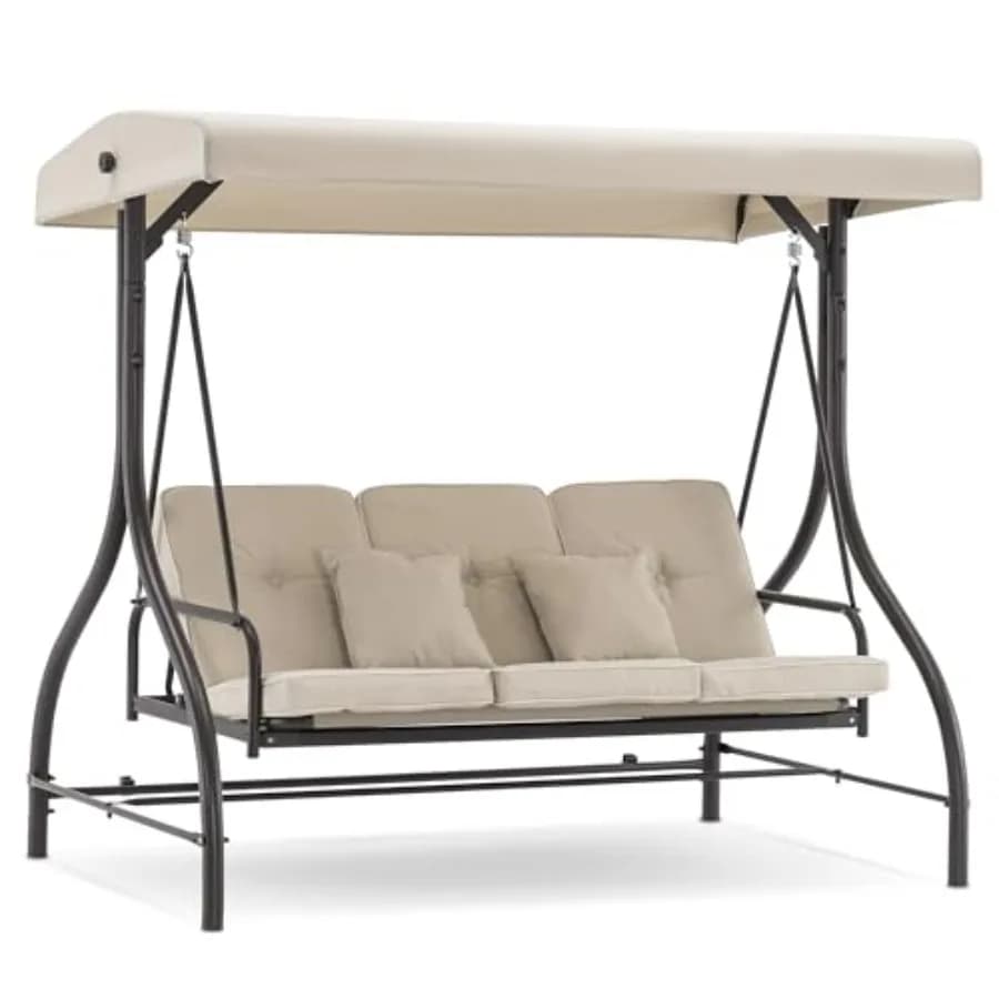 3-Seat Outdoor Patio Swing Chair, Steel Frame with Beige Fabric Cushions, UV-Resistant Adjustable Canopy Ergonomic Back Support