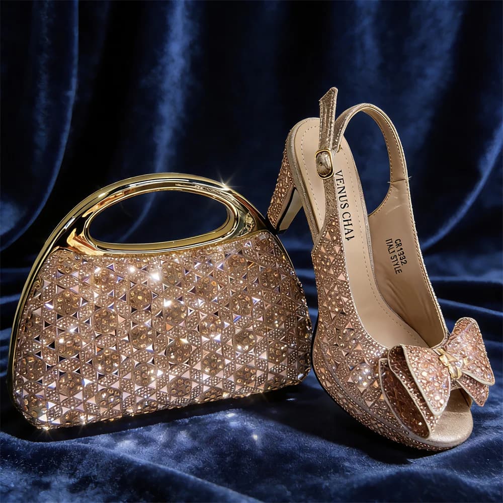 Set di scarpe con tacco a punta e borse con strass e diamanti per feste nigeriane – Scarpe da donna comode ed eleganti per eventi raffinati