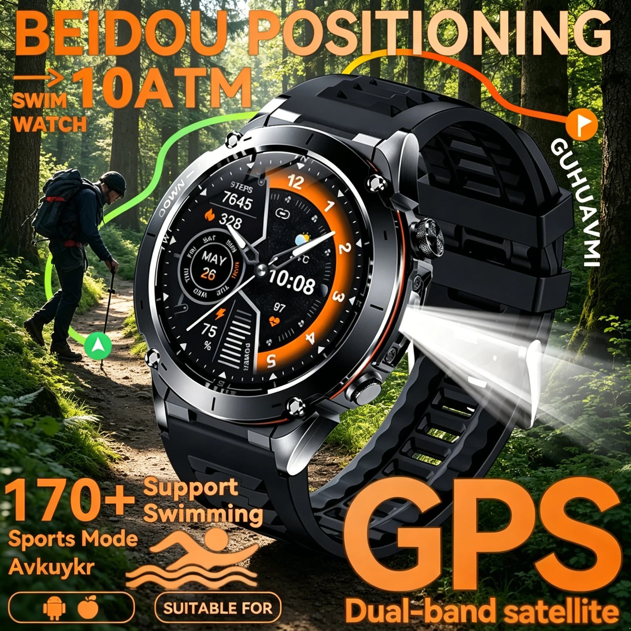 Orologi intelligenti GPS in vendita, impermeabili fino a 10 ATM, con GNSS dual-band integrato, bussola, smartwatch sportivo militare da uomo per nuoto, compatibile con Android e iOS.