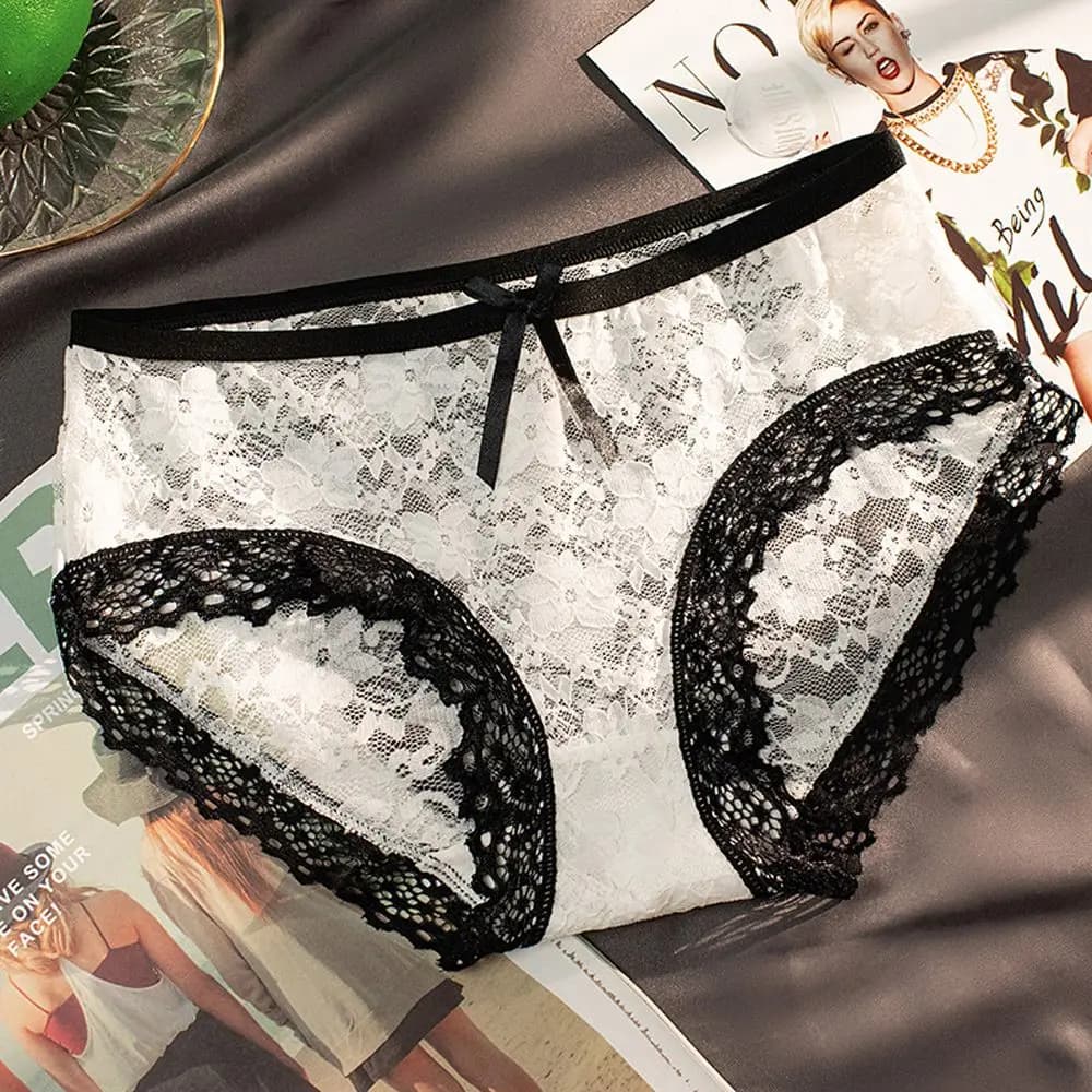 Slip Trasparenti Traspiranti a Vita Media con Fiocco in Rete Floreale, Intimo Coreano da Donna in Pizzo