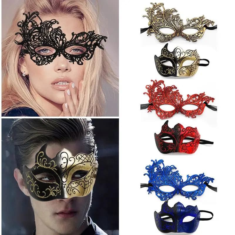 Set di 2 eleganti maschere in maschera di pizzo nero per coppie, perfetti per le feste veneziane di Mardi Gras e le celebrazioni di Halloween