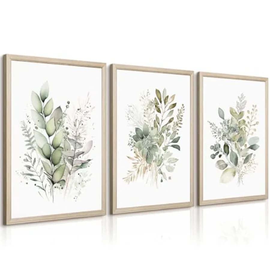 Boho floral wall art set of 3 for bedroom bathroom: sage green watercolor botanical prints on canvas, wood framed, 16x24 inch,