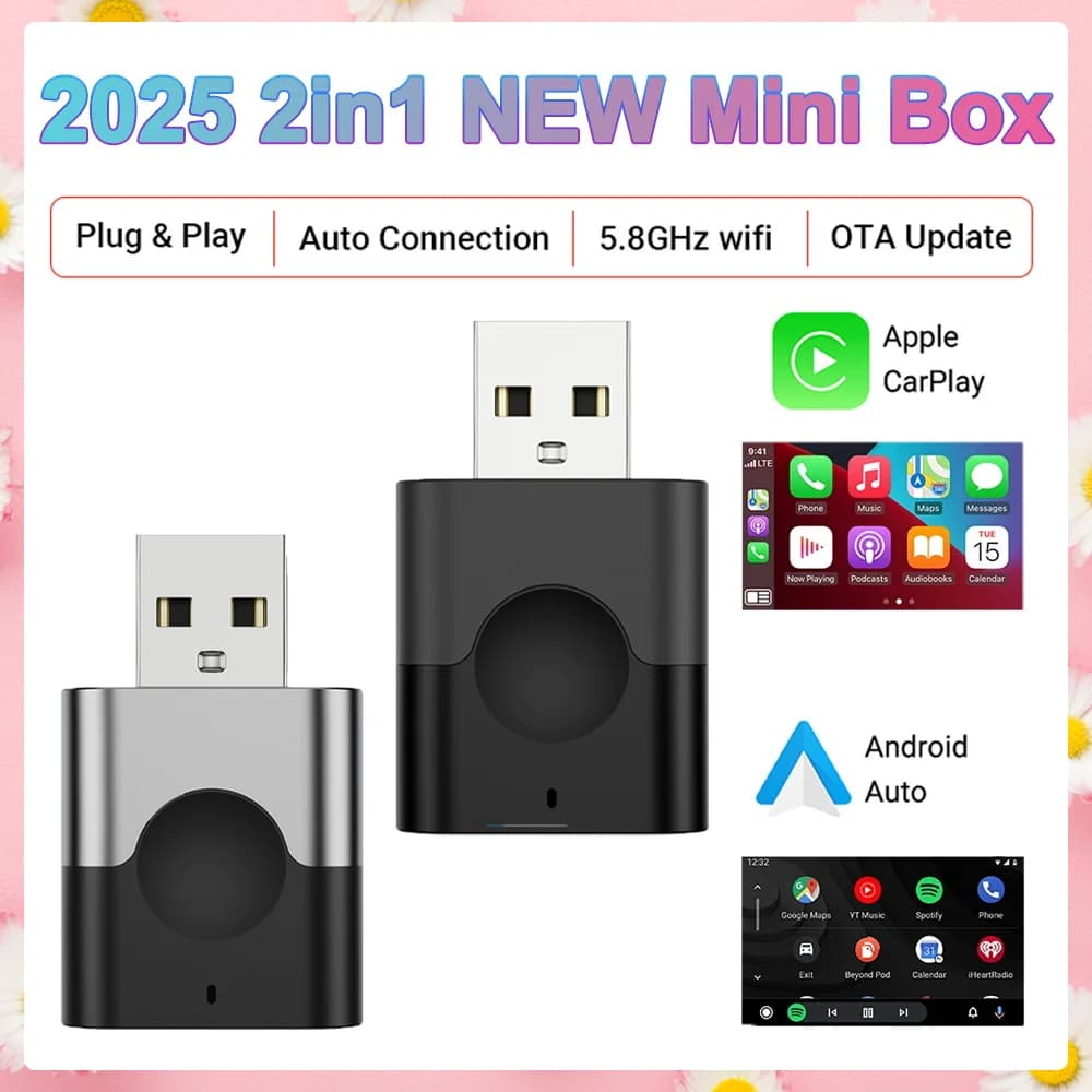 Adattatore 2In1 2025 Nuovo aggiornamento cablato a Wireless Carplay Android Car Gadget Smart Box Plug & Play 5Ghz Wifi Collegamento rapido Mini Box