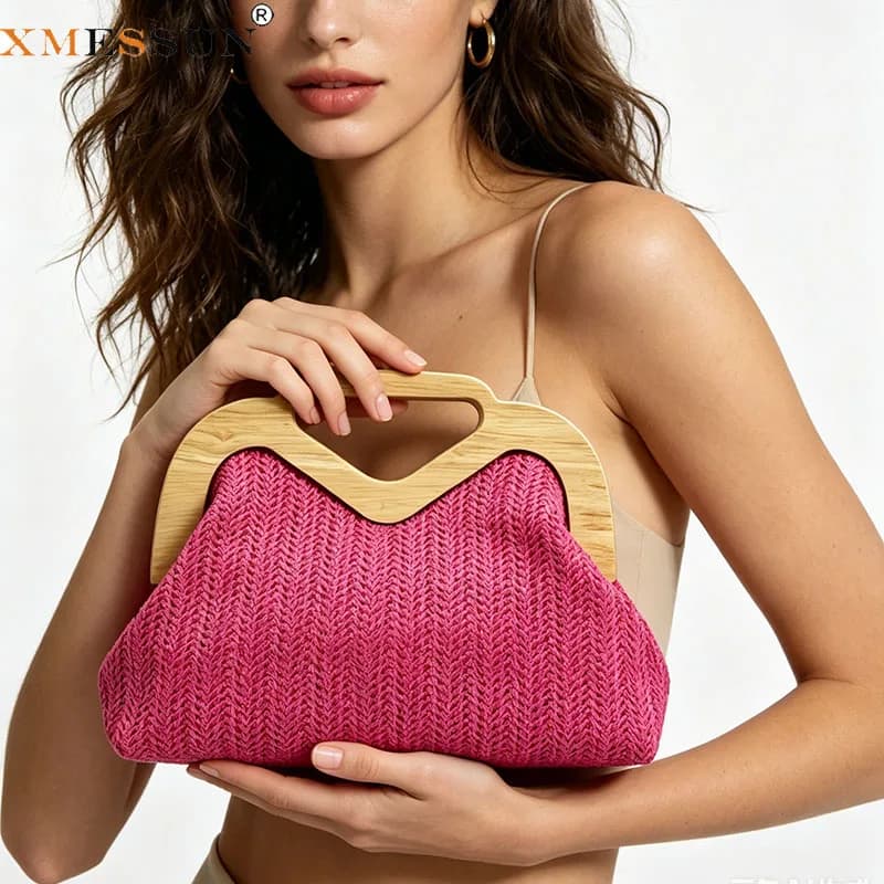 Women New Wooden Handle Straw Bag,Fashion Woven Clip Shell Bag,Summer Holiday Travel Beach Handbag Chain Shoulder Crossbody Bag