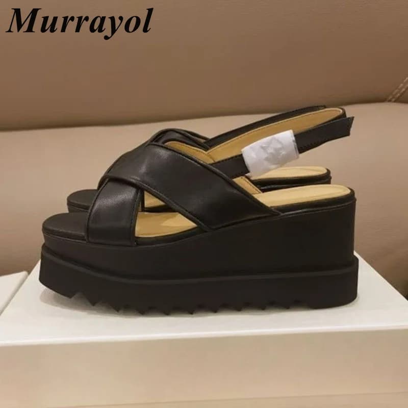 Sandali con Zeppa e Tacco Alto da Donna in Vera Pelle, con Punta Aperta e Cinturino Incrociato sul Retro, Scarpe Eleganti per Feste Primavera Estate