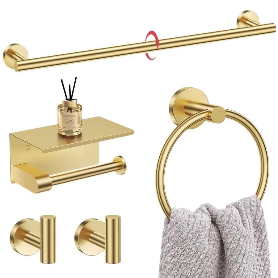 Set di Accessori per Bagno in Oro Spazzolato, Porta Carta Igienica con Mensola e Portasciugamani per Bagno