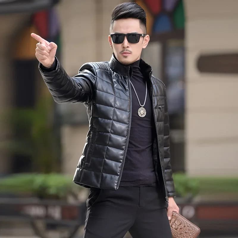 Giacca in pelle da uomo piumino in pelle di pecora uomo 95 piumini d'anatra bianchi vestiti maschili piumino corto con collo in pelliccia naturale uomo