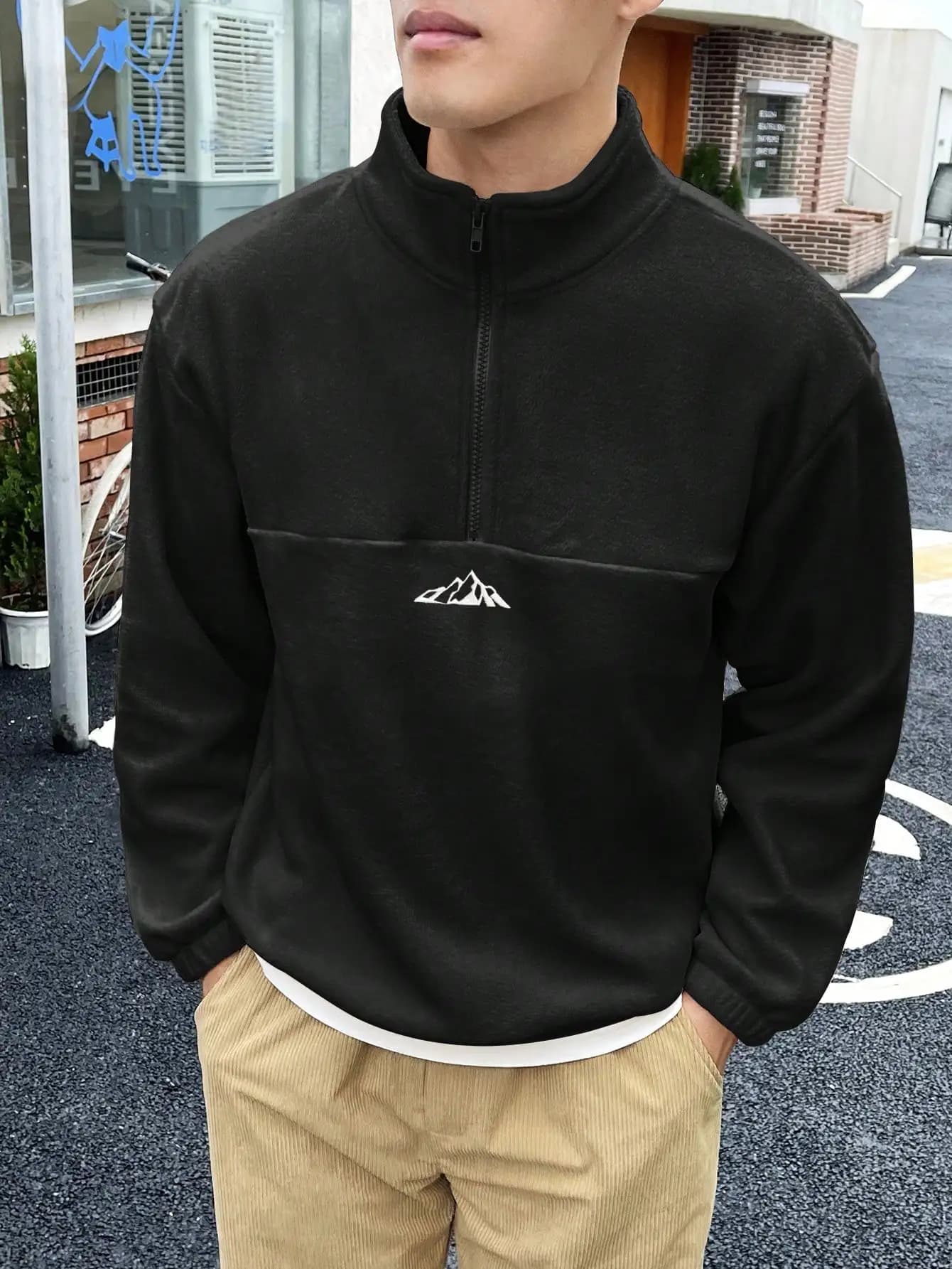 Men's Oversized Casual Outdoor Sweatshirt Brand Mountain Embroidery Half Zip Stand Collar Fleece Polyester Pullover S-2XL