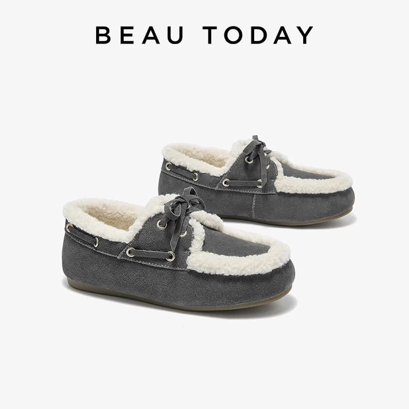 BEAUTODAY Mocassini pelosi Donna Pelle scamosciata di mucca Colore misto Punta tonda Outdoor Lace-Up Flats Scarpe invernali da donna fatte a mano 27860
