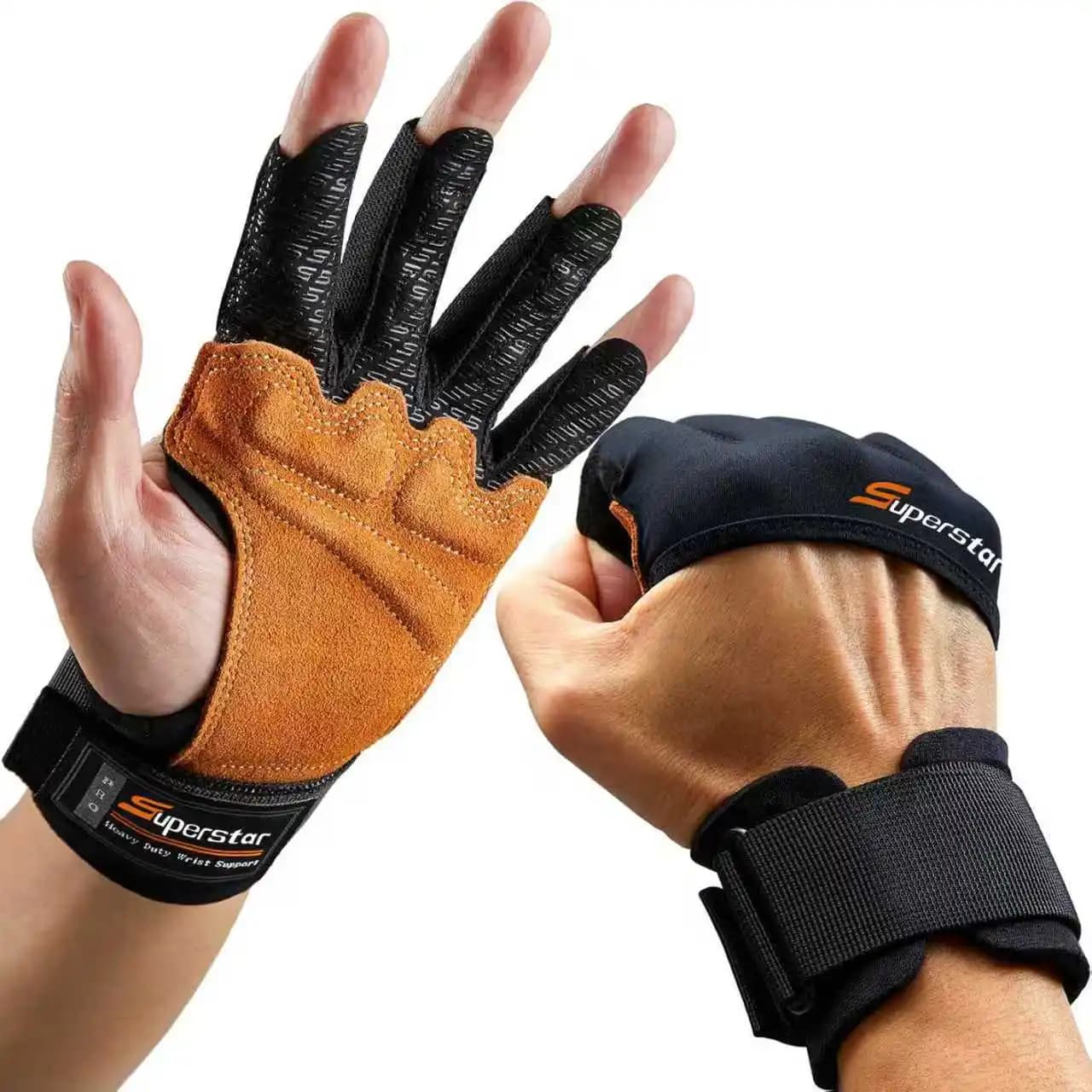 Guanti da Palestra in Pelle Originale Mezze Dita con Cuscino d'Aria in Silicone, Guanti da Sollevamento Pesi per Uomo Donna, Antiscivolo e Traspiranti