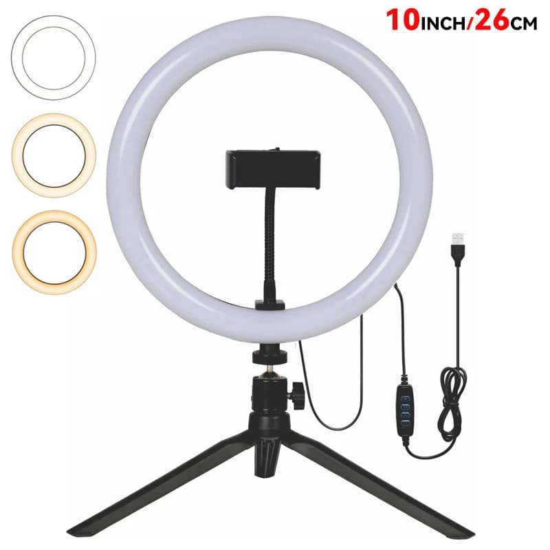 Anello luminoso da 10 pollici 26 cm Anello luminoso per selfie con mini treppiede da scrivania Supporti per telefono Anello luminoso a LED per fotografia YouTube TikTok
