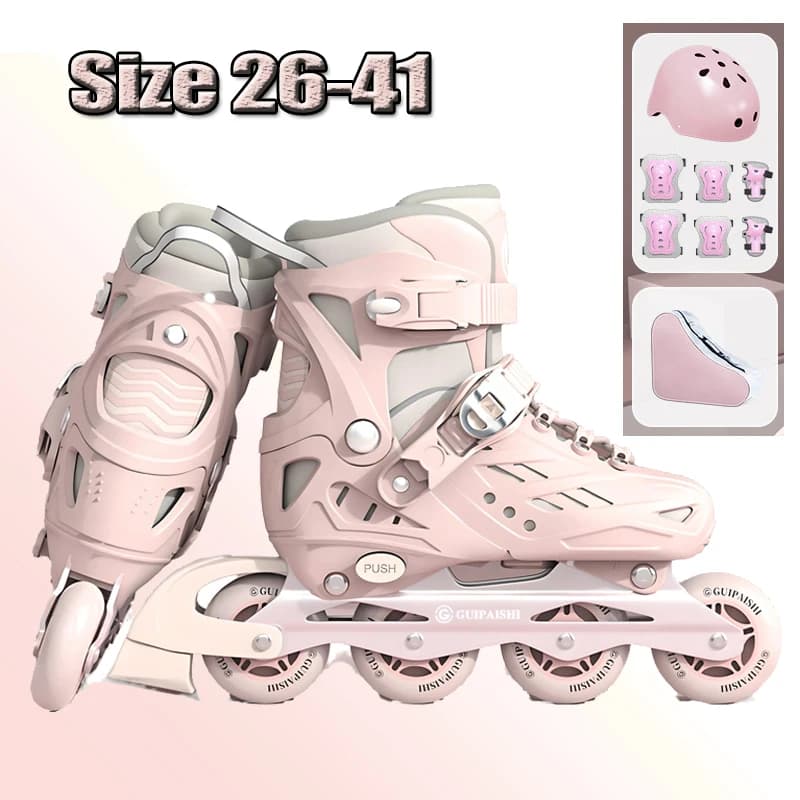 Wheels in line with helmet, elbows and knee pads Set of shoes Flash 4 wheels Sneakers for boys and girls Adjustable skate shoes