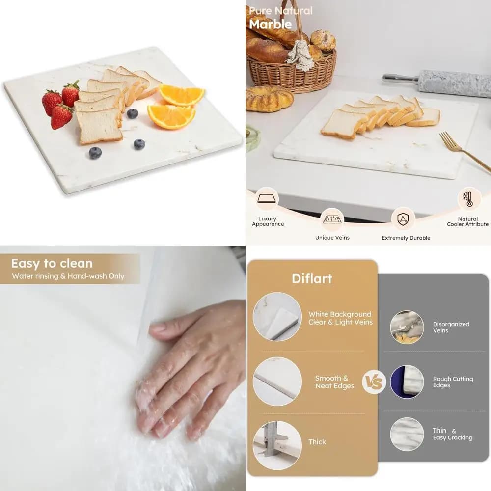 Tagliere in Marmo Bianco 16x16 Pollici con Venature Dorate, Grande Lastra per Pasticceria, Base Antiscivolo per Uso in Cucina
