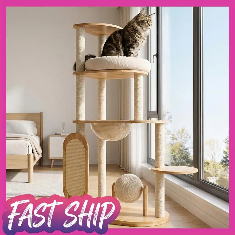 Piattaforma Salta-Cat in Legno Massello di Gomma con Tiragraffi, Palla Tiragraffi e Tavola Lavabile per Case con Gatti Grandi e Multipli