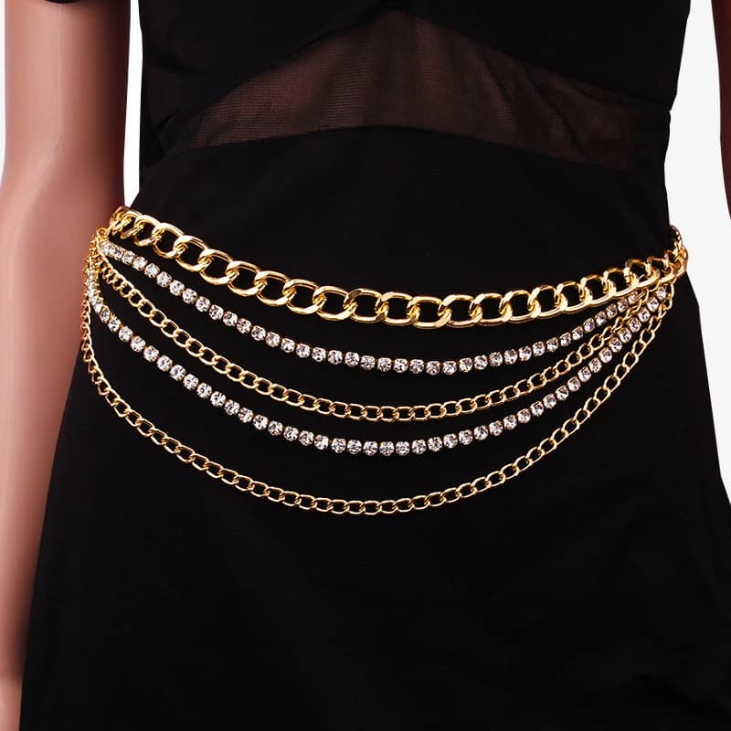Cintura in vita punk con catena in metallo multistrato scintillante con decorazioni in strass Cintura in metallo dorato argentato per donna