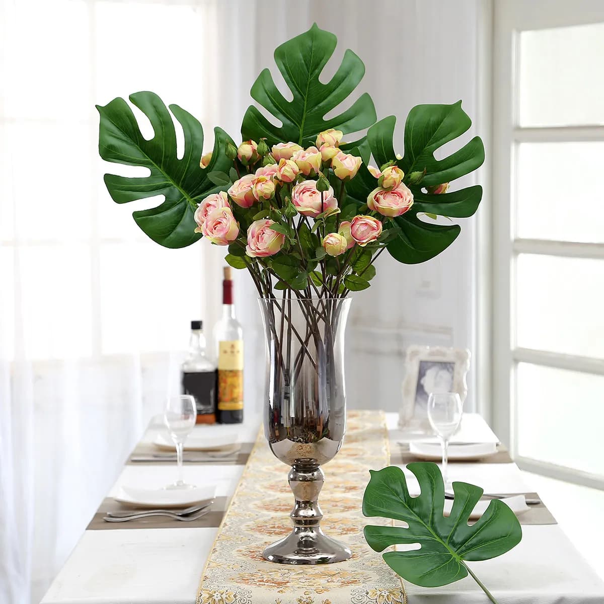2Pcs Artificial Simulation Monstera Leaves Plastic Plants Decor Green Home Office Balcony Romantic Fresh Atmosphere