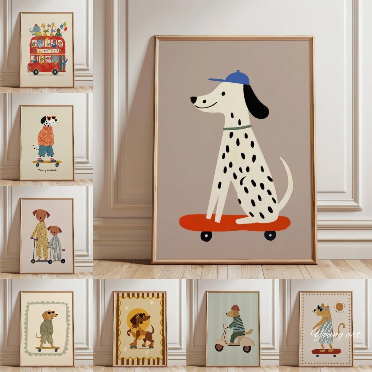 Whimsical Cute Skateboard Dog Canvas Print Poster Funny Cartoon Animal Art Prints Living Room Nursery Wall Art Home Decor Poster