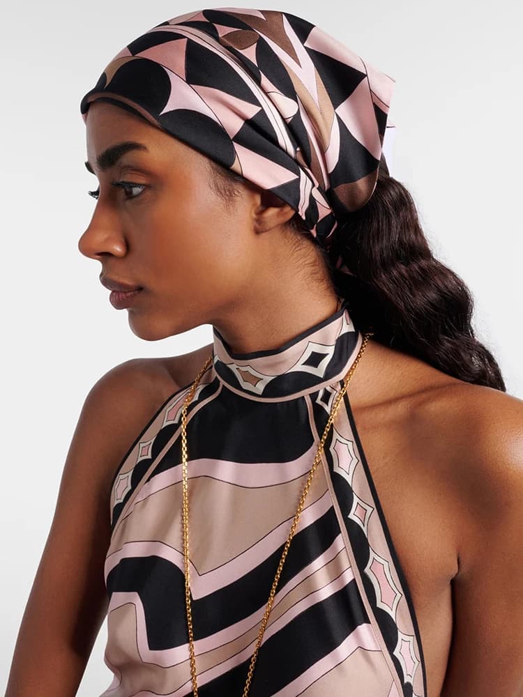 Summer Fashion Beach Resort Geometric Print Silk Headscarf Women's Outdoors Sunscreen Lace-Up Triangle Decoration Headscarf