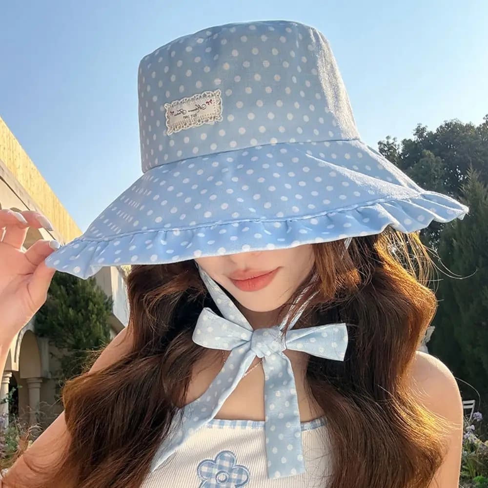 Casual Polka Dot Women Fisherman Hat Lace Ribbon Summer Sun Hat Cotton Sun Protection Sunscreen Visor Cap Travel