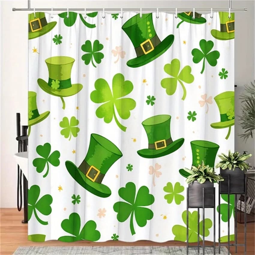 Tenda da doccia per il giorno di San Patrizio: cappelli e trifogli, poliestere intrecciato, 12 ganci, 70,8x70,8 pollici, lavabile