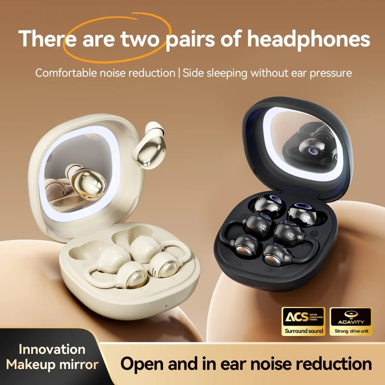 Auricolari Bluetooth Wireless con Clip per Orecchio, Cancellazione del Rumore per il Sonno, 2 Paia, con Custodia di Ricarica con Specchio per il Trucco, Cuffie Sportive