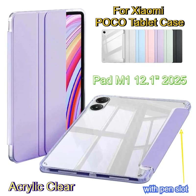 Custodia per tablet con retro trasparente in acrilico 2026 HD per MI POCO Pad M1 Redmi Pad 2 Pro Custodia in pelle PU da 12,1 pollici 2025 con portapenne
