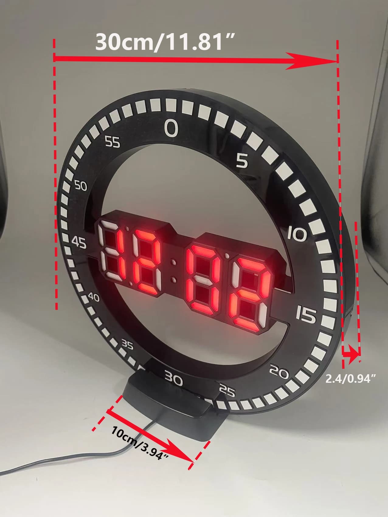 11" 3D LED wall clock, second wall clock, easy-to-read wall clock, black frame with red writing