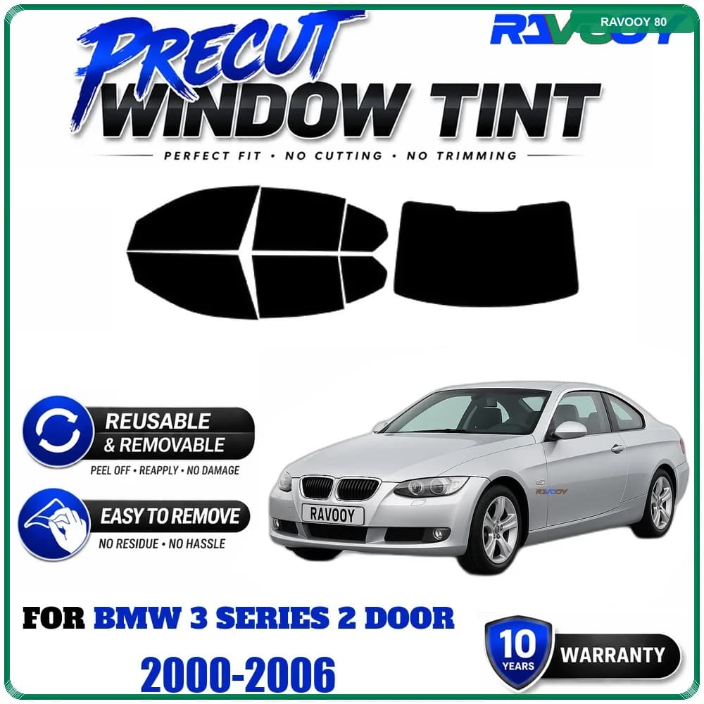RAVOOY Precut Window Tint, Reusable Removable EPU Film, Custom Fit for Bmw 3 Series 2 Door 2000-2006, UV Heat Protection