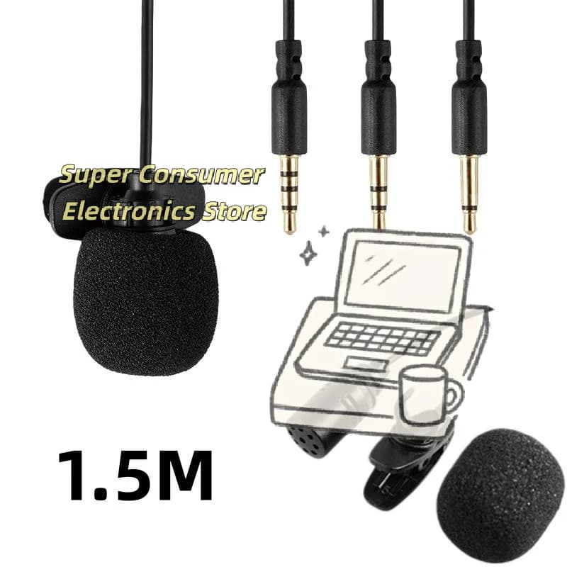 Microphone Clip Lavalier with Omnidirectional Microphone, 1.5m 3.5mm TRRS cable for Smartphone and Laptop